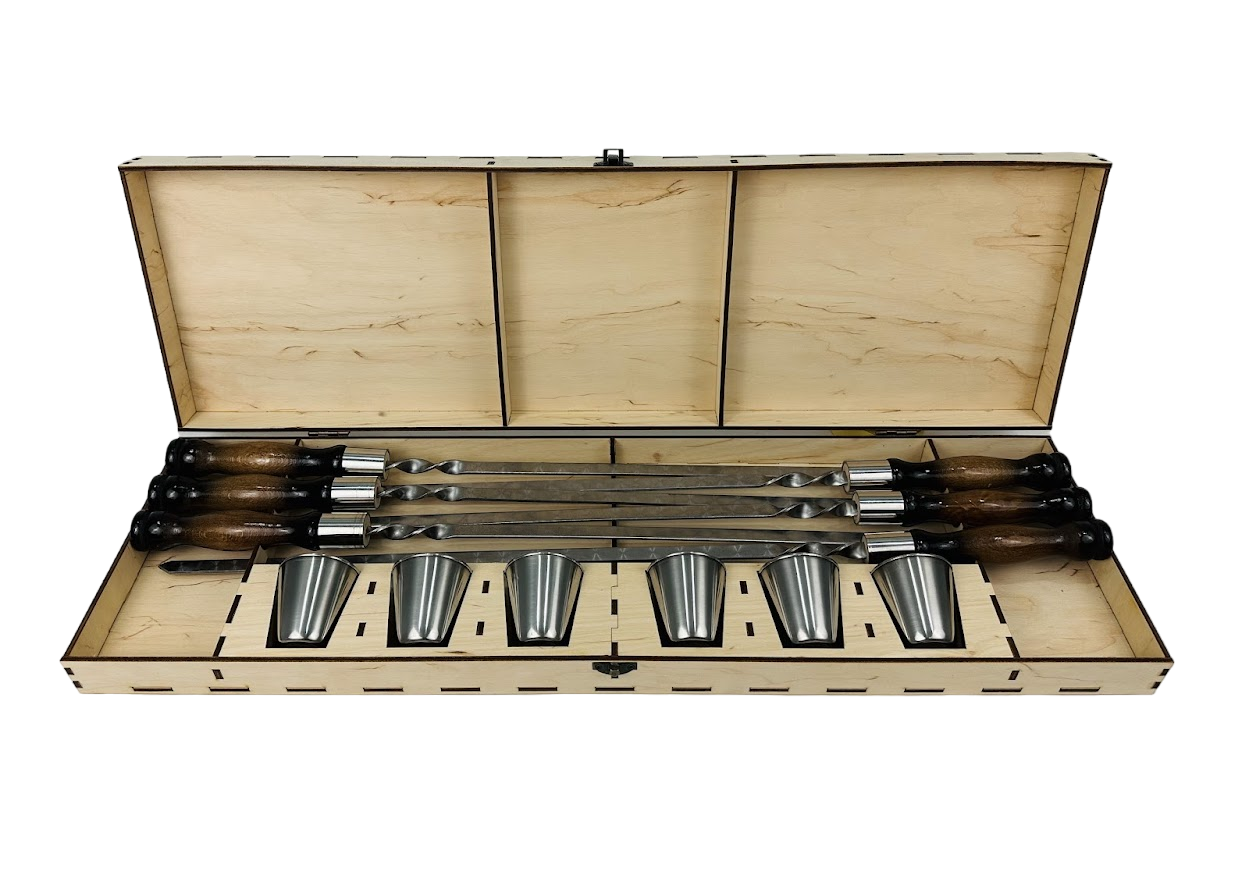 Набор шампуров в кейсе из фанеры Вуд с рюмками из нержавеющей стали (2-10-NB-3003)
