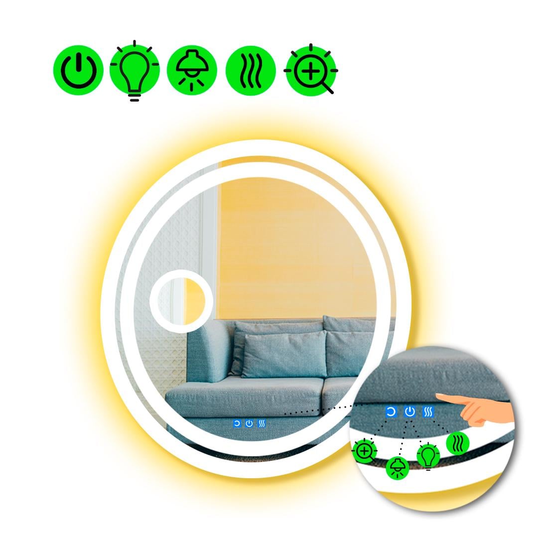 Зеркало с LED подсветкой Carla с тремя сенсорами/подогревом и линзой с подсветкой 90x90 см (Carla85)