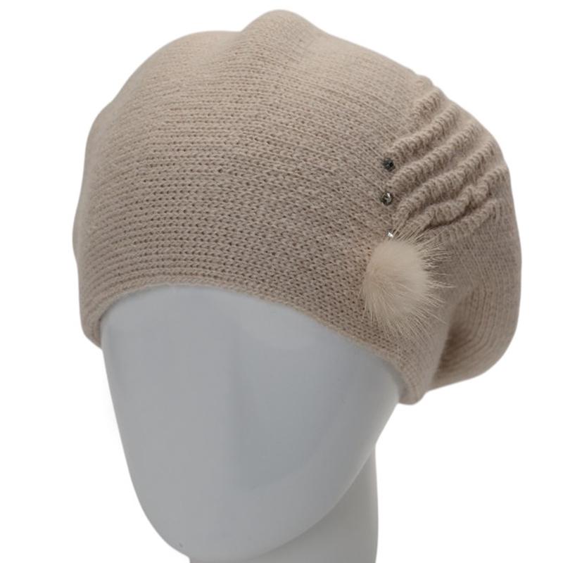 Берет женский двойной Lirus Ванеса с узором и стразами Льняной