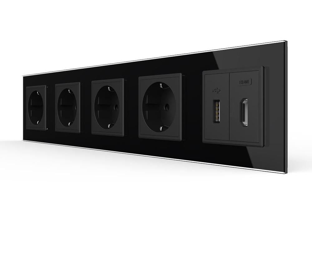 Розетка п’ятимісна LIVOLO з USB 10Вт інтернет портом RJ-45/HDMI настінна дизайнерська скляна рамка Чорний (VL-C7FCTC16A/FCUA/FCHD-10BP)