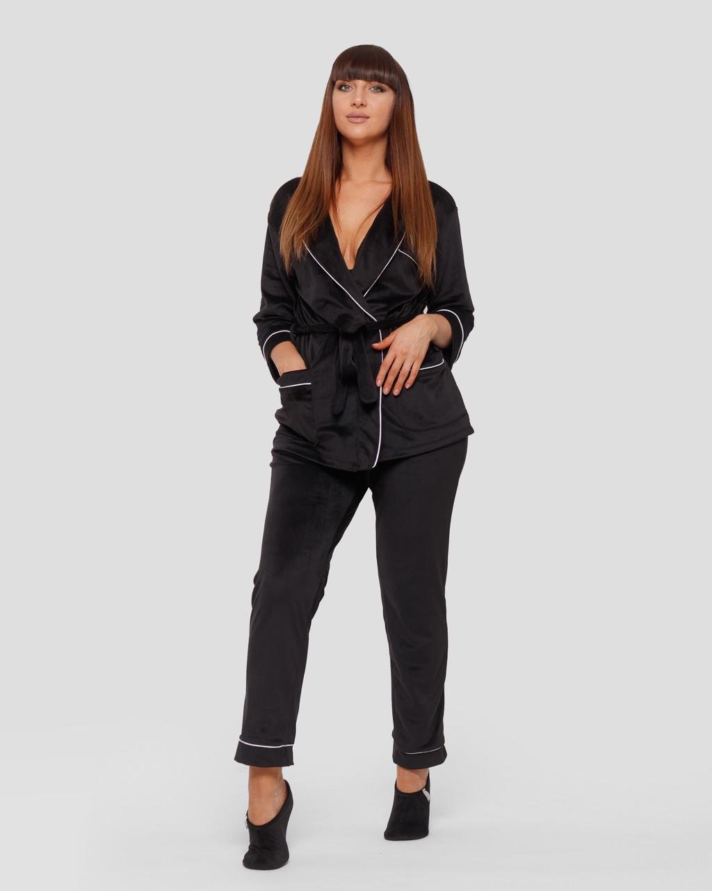 Костюм домашний женский велюровый халат с брюками Черный (1785921924) - фото 7 Костюм домашний женский велюровый халат с брюками Черный (1785921924) - фото 7