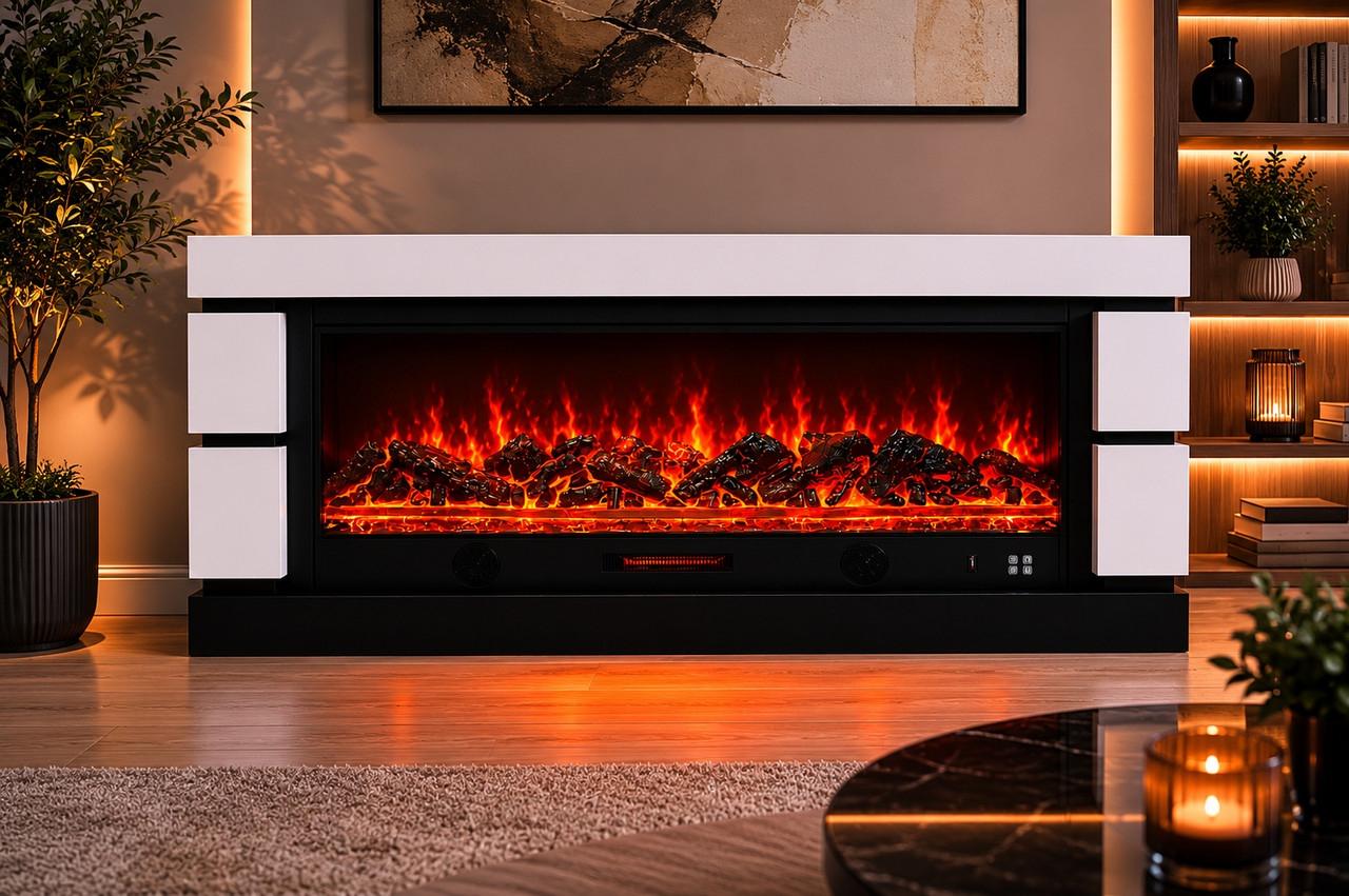 Електричний камін Logos Long 158 1500 Вт Bluetooth звук потріскування дров White/Black (10080144)