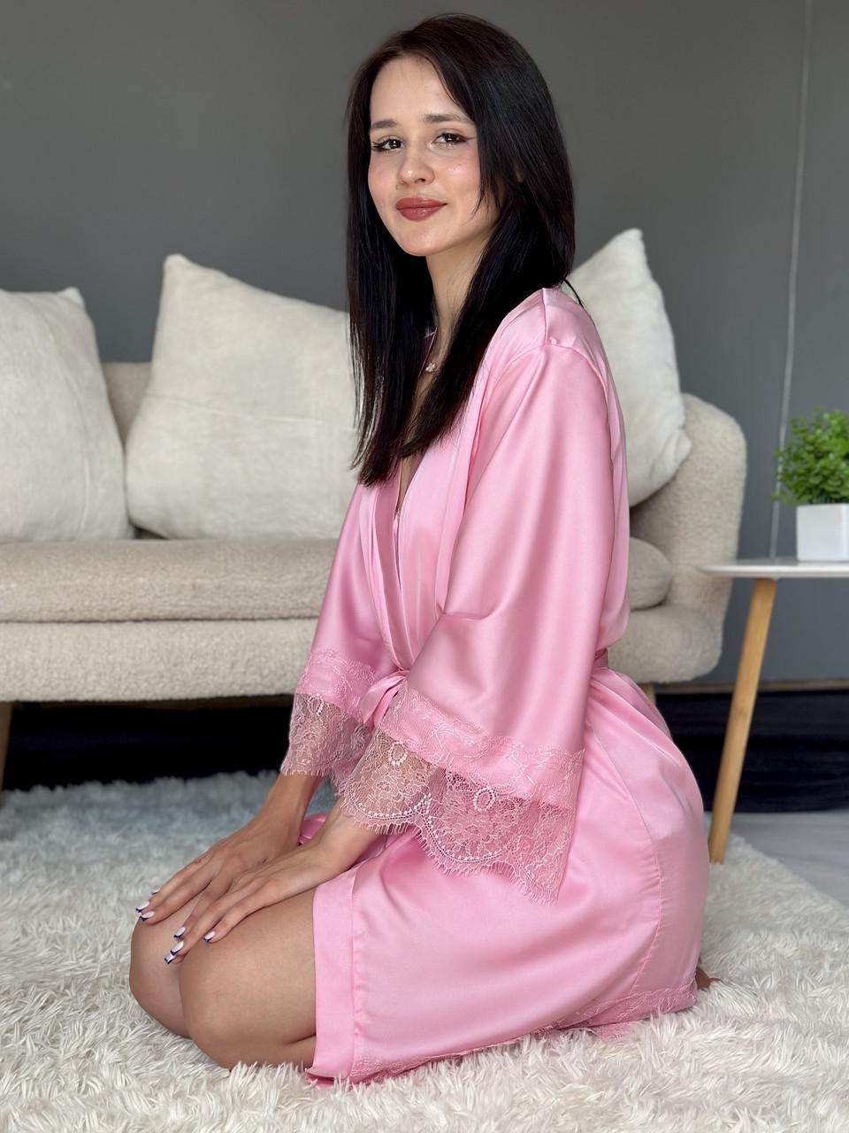 Халат женский шелковый с кружевом 2XL Розовый (2694797940) - фото 8 Халат женский шелковый с кружевом 2XL Розовый (2694797940) - фото 8