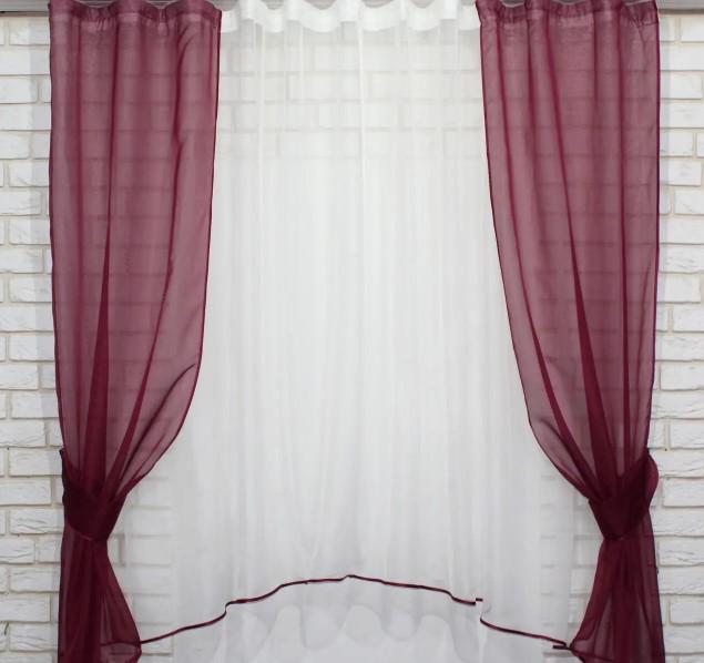 Занавеска на кухню тюль/шторы с подвязками 280х170 см Бордовый/Белый (051к) Занавеска на кухню тюль/шторы с подвязками 280х170 см Бордовый/Белый (051к)