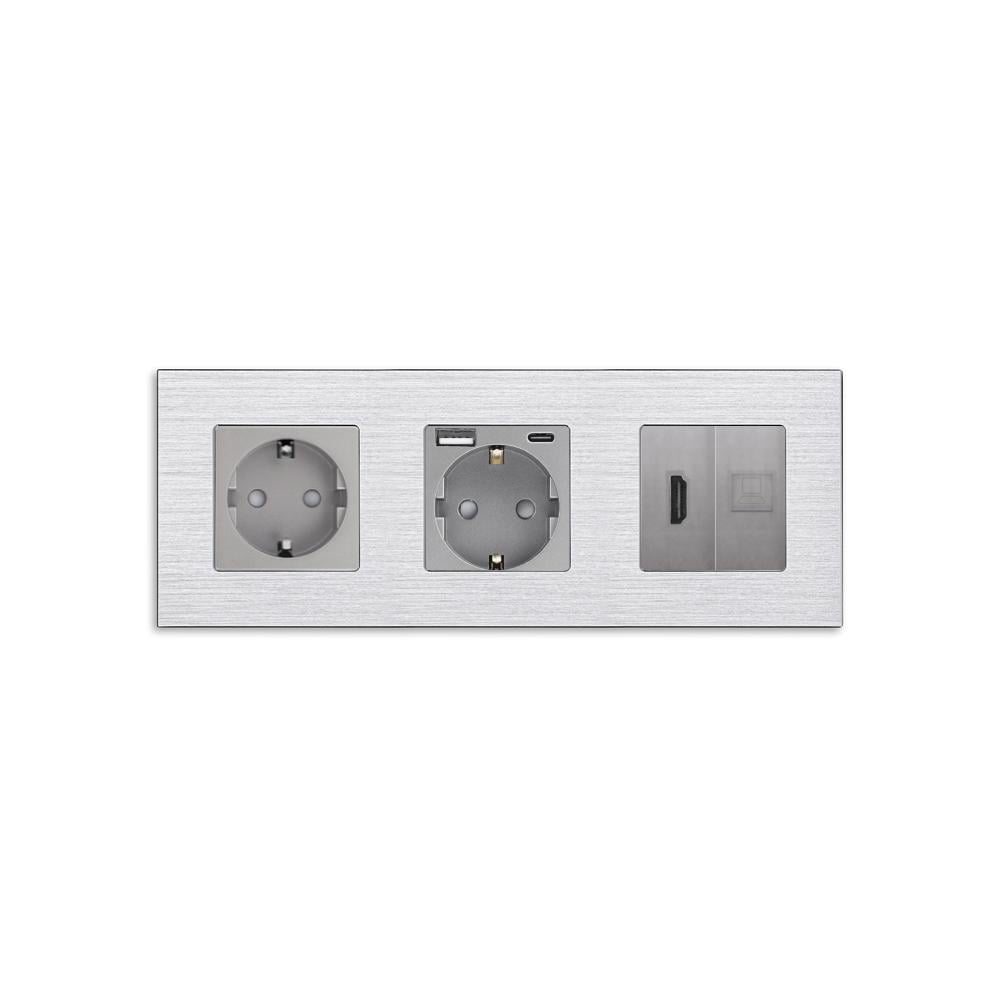 Розетка WALLPAD с USB 20Вт HDMI/интернет RJ-45 с заземлением/шторками 250В 16А алюминиевая рамка Серый (WP-M3FGACHDMICAT6-GY)