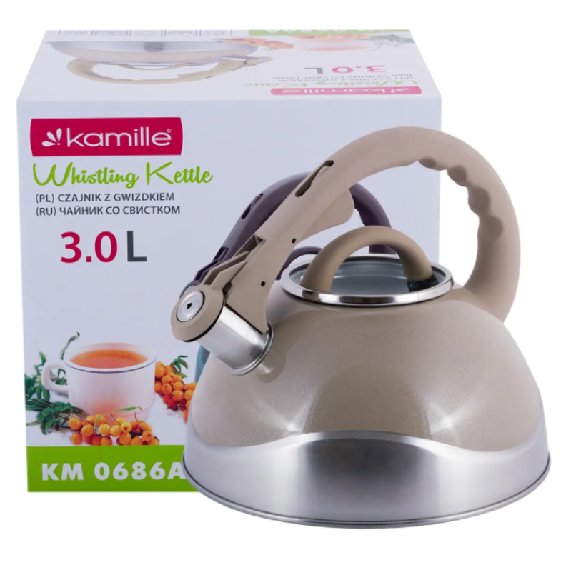Чайник Kamille KM-0686A из нержавеющей стали со свистком для индукции и газа 3 л Бежевый (NA002357)