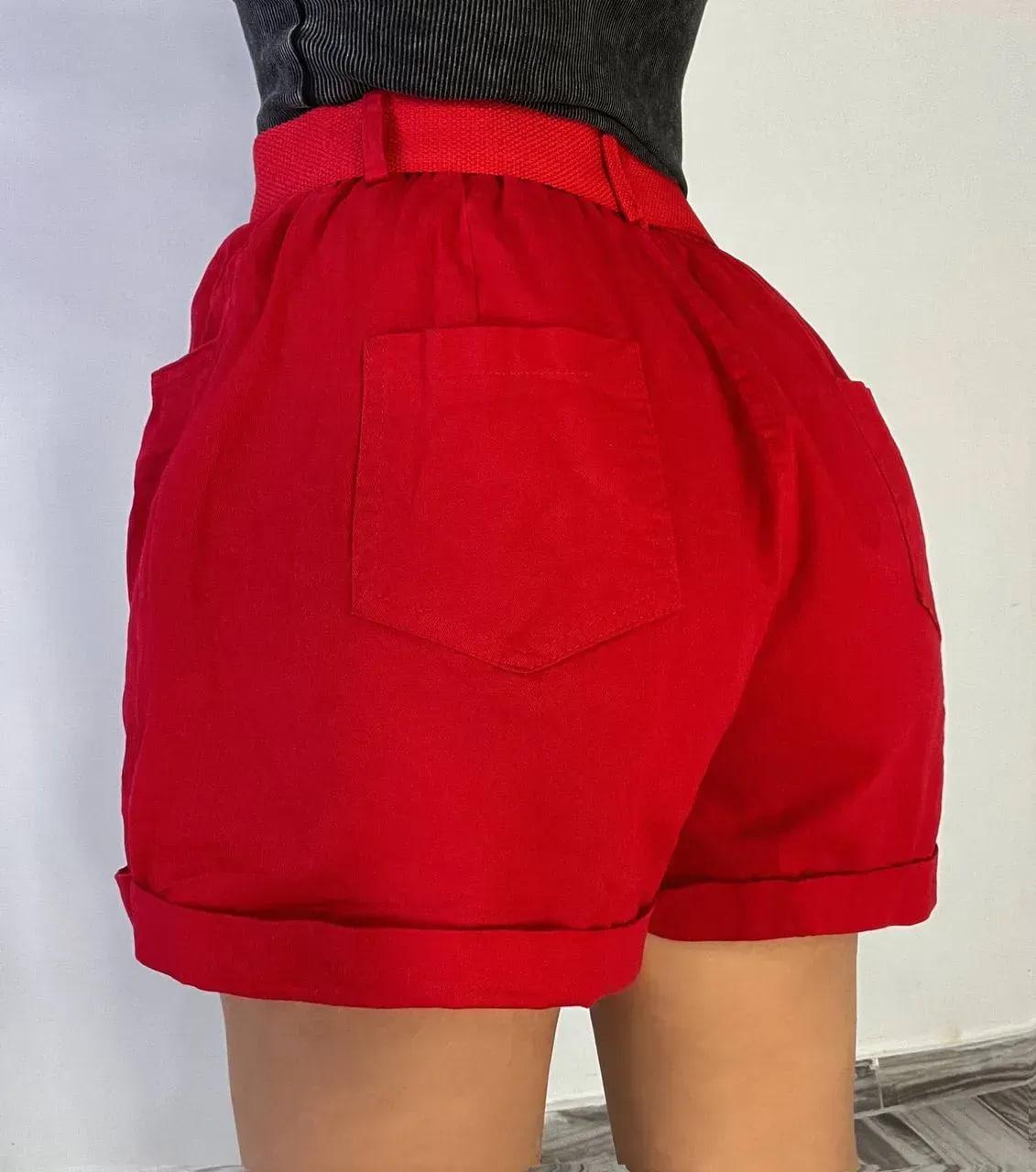 Шорти жіночі коттон A-N 5701 пояс резинка з ременем короткі підворот L Червоний (2113) - фото 4