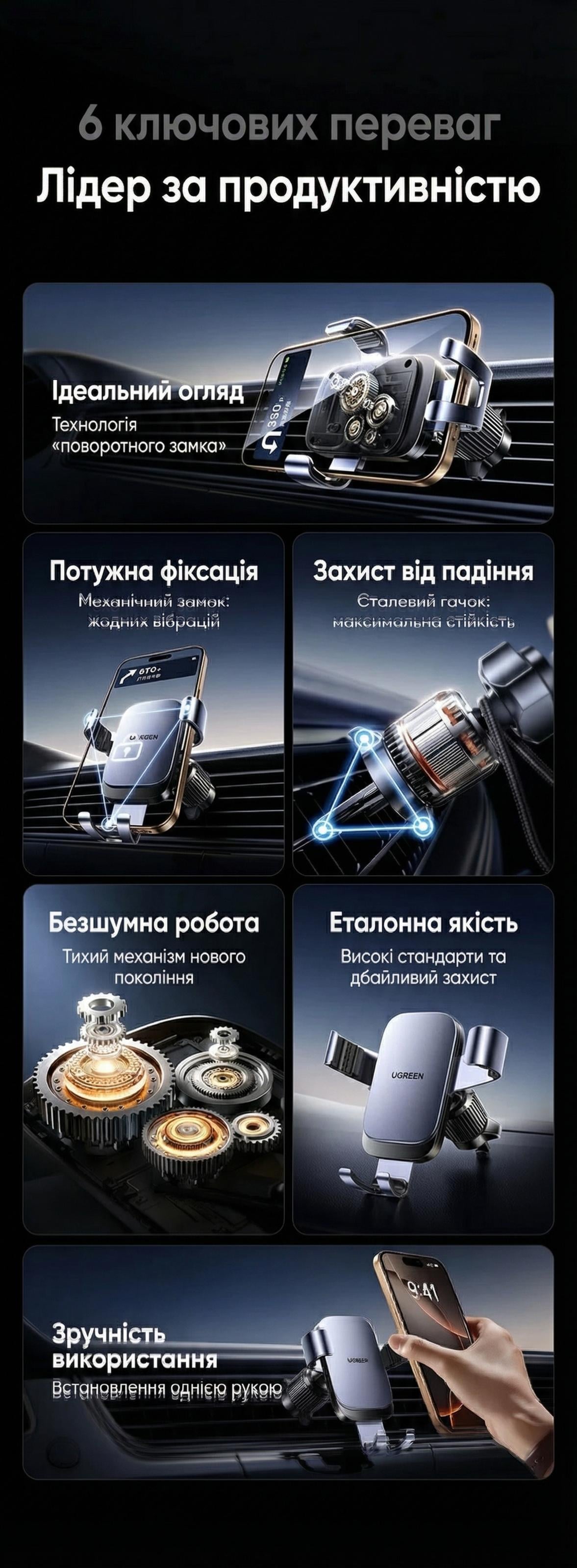 Автодержатель для телефона гравитационный UGREEN LP907 в дефлектор алюминиевый Серый (55548) - фото 3