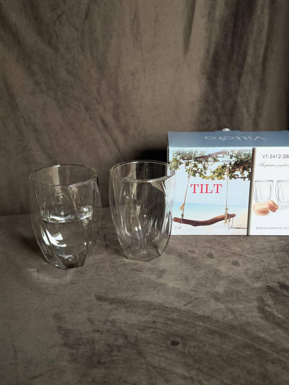 Набір високих склянок з подвійним дном Vittora TILT боросилікатне скло 280 мл 2 шт. Прозорий (VT-5412-280) - фото 2 Набір високих склянок з подвійним дном Vittora TILT боросилікатне скло 280 мл 2 шт. Прозорий (VT-5412-280) - фото 2