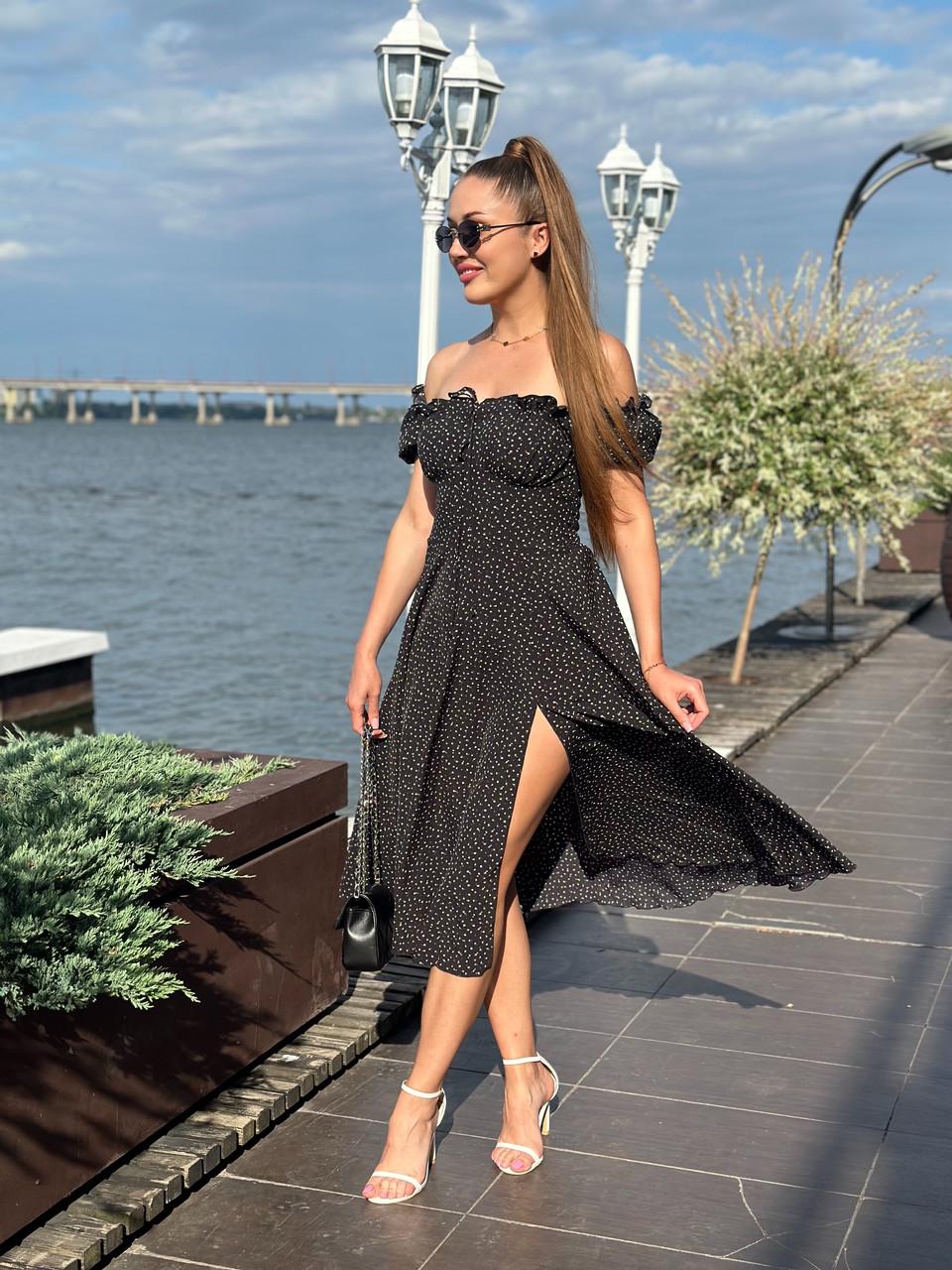 Платье женское меди софт в точку Черно-белый