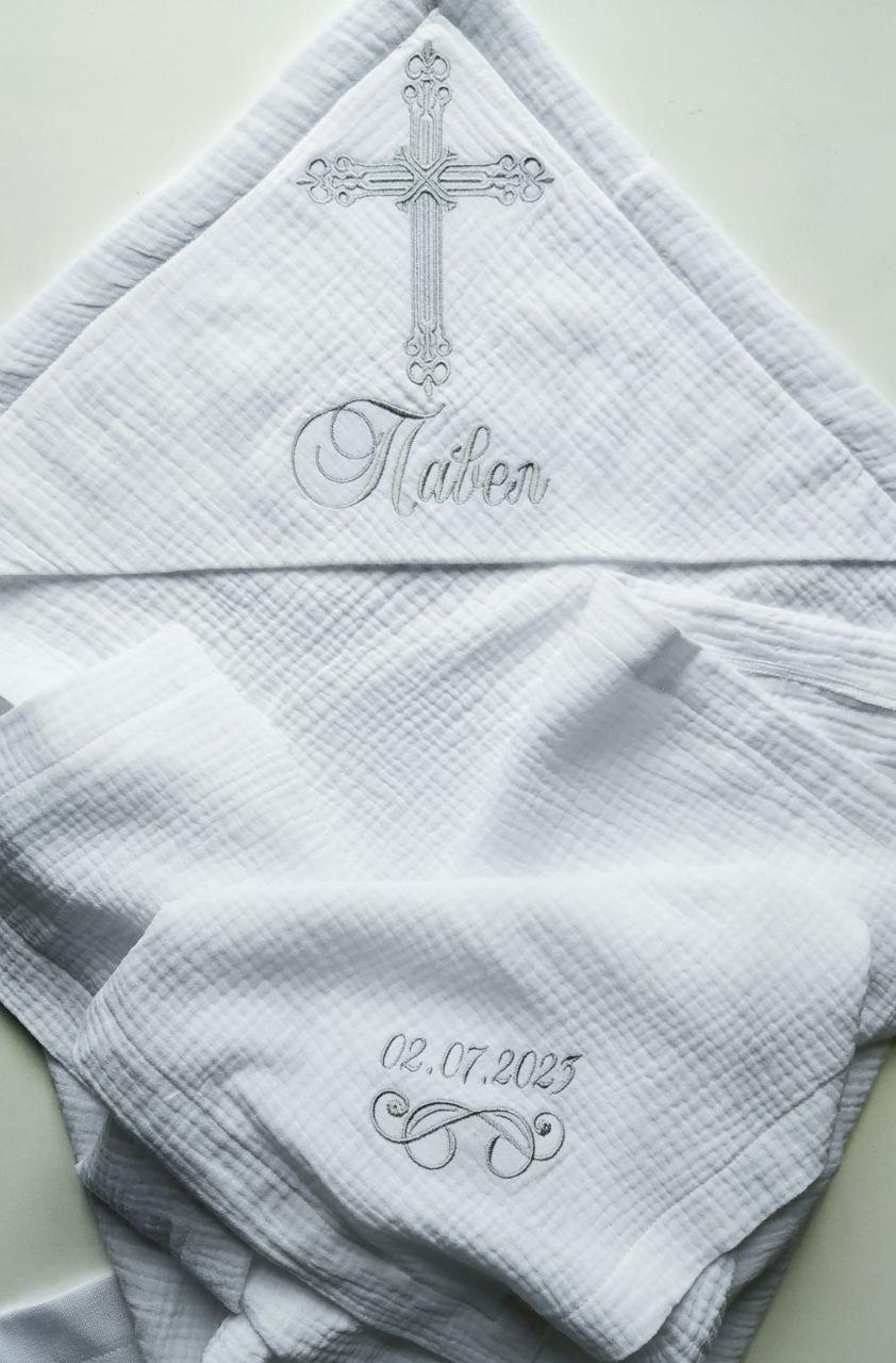 Набор для крещения именной Лето муслиновая крыжма/песочник/мешочки для локона и хранения 62 см (2173033886a) - фото 2 Набор для крещения именной Лето муслиновая крыжма/песочник/мешочки для локона и хранения 62 см (2173033886a) - фото 2