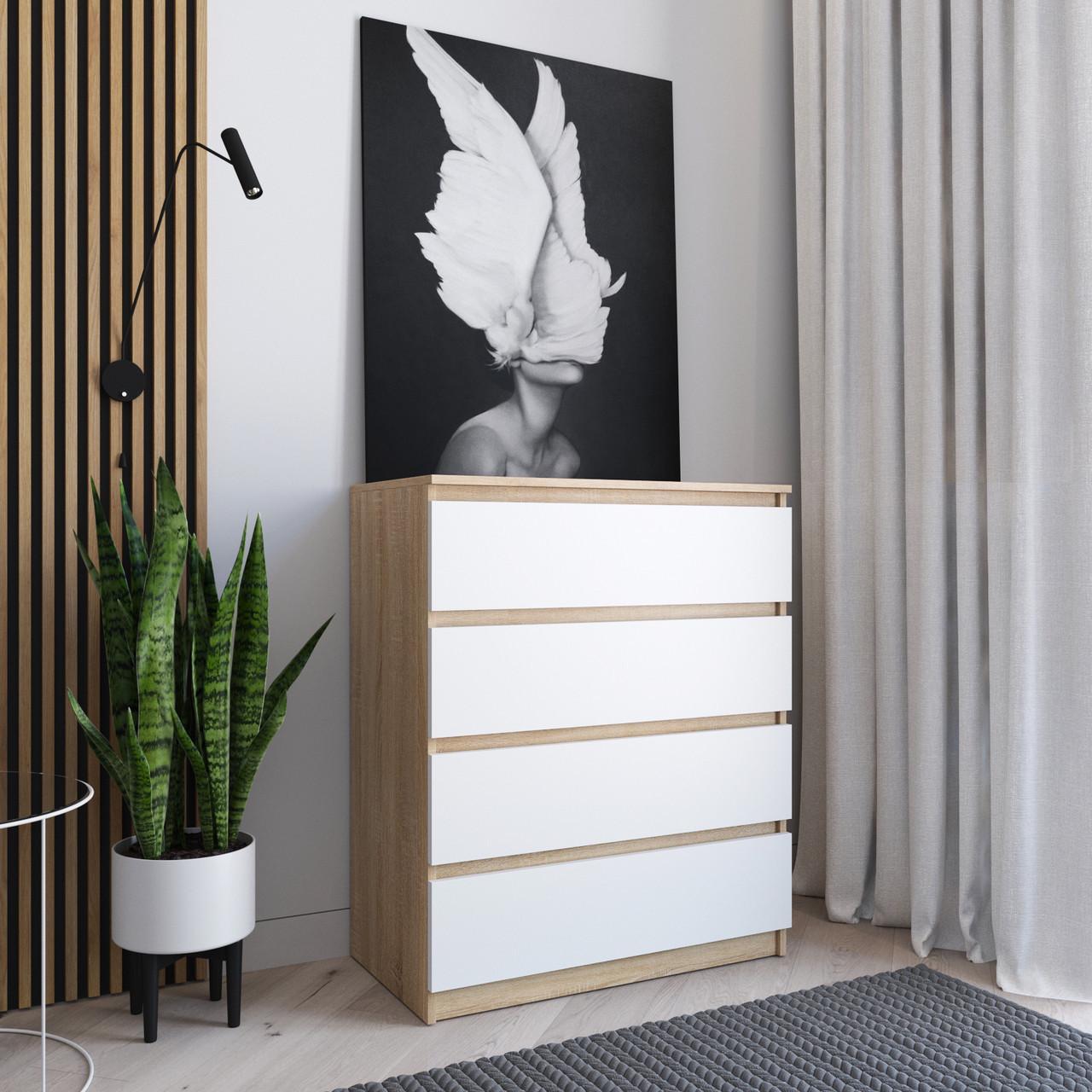 Комод VAYS 4 ящика телескопические направляющие 80х40х98 см Дуб сонома/Белый (30778587)