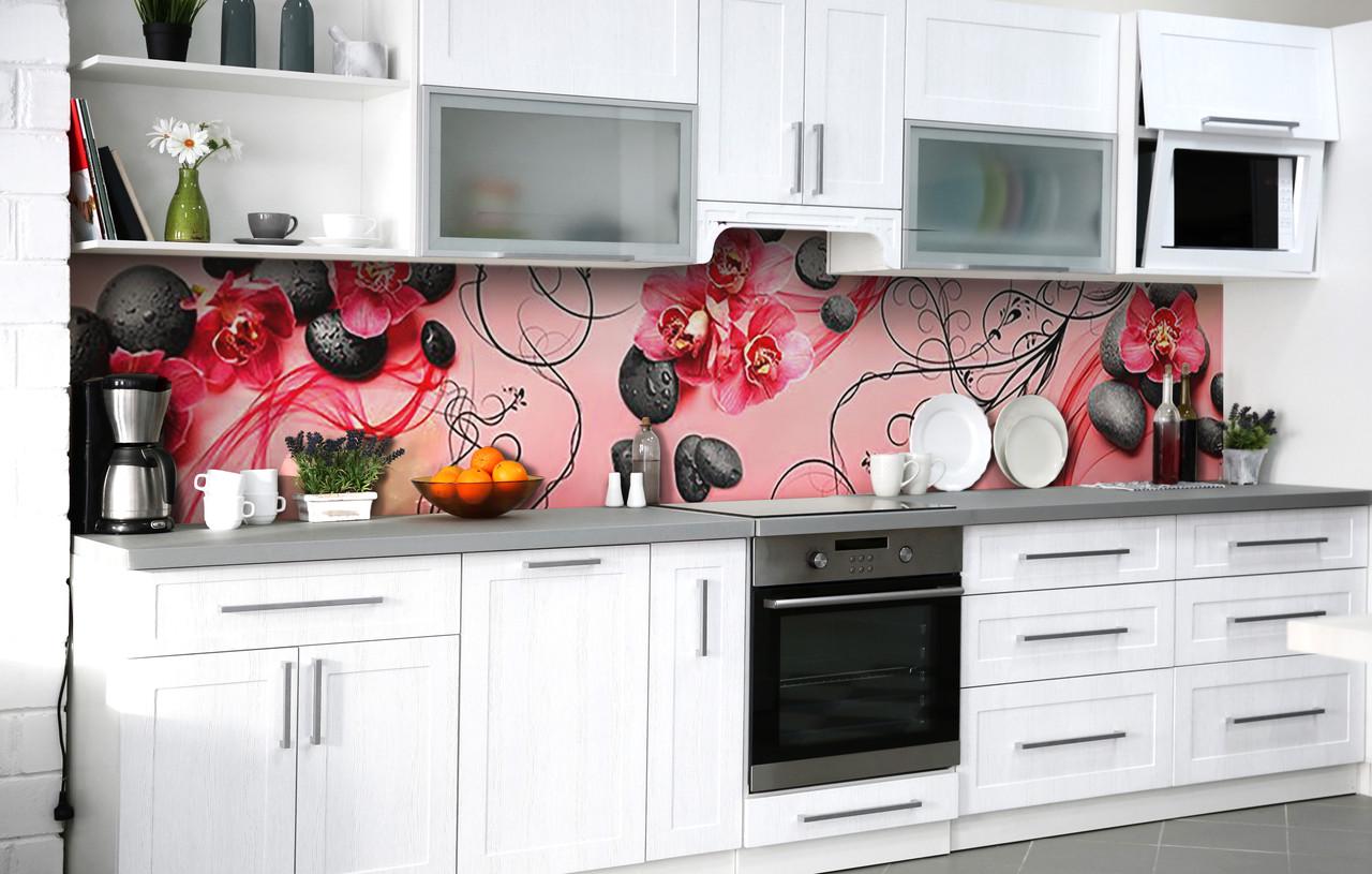 Кухонный фартук Алые орхидеи/Камни виниловый самоклеющийся 600х2500 мм Розовый