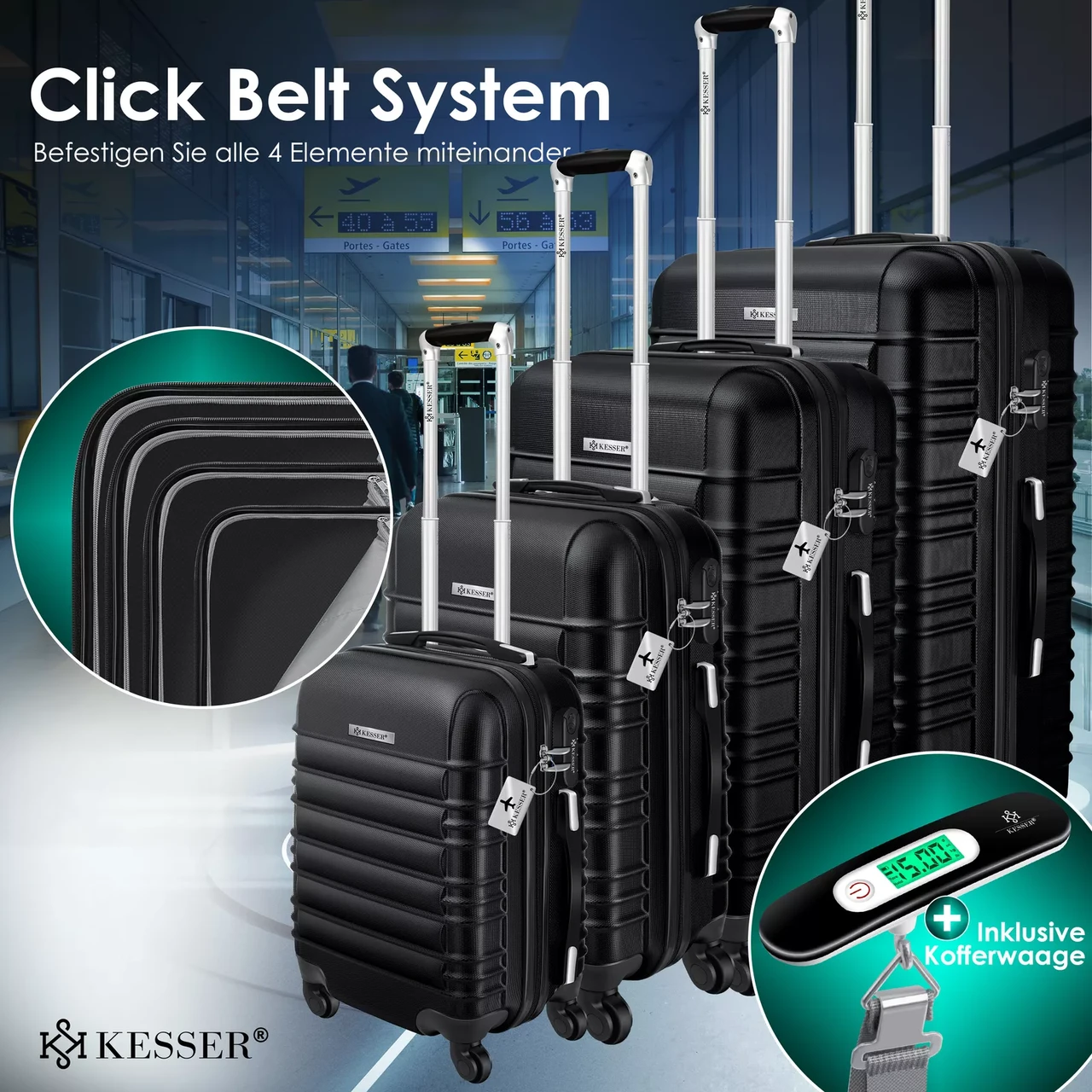 Набір із 4 дорожніх валіз KESSER з твердим корпусом S M/L/XL Чорний - фото 5 Набір із 4 дорожніх валіз KESSER з твердим корпусом S M/L/XL Чорний - фото 5