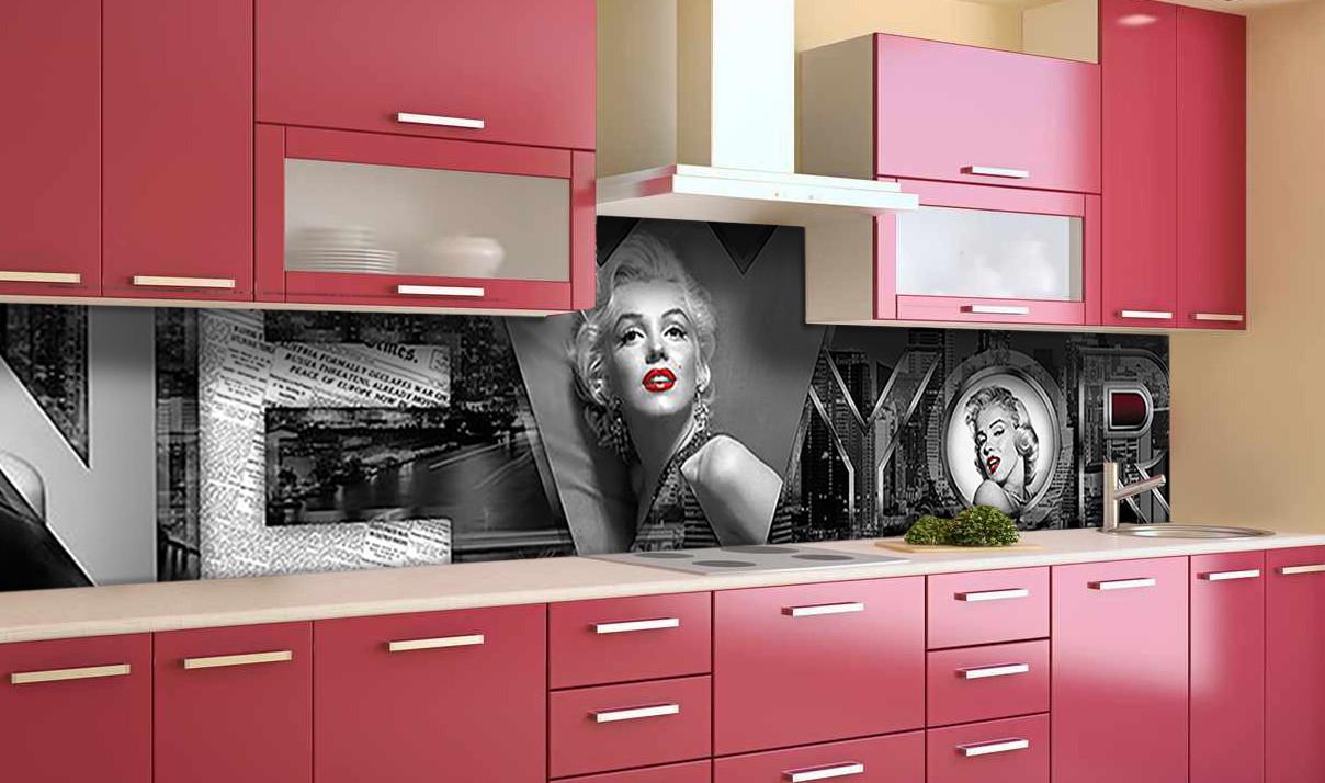 Кухонный фартук Монро звезды голливуда из самоклеющейся виниловой пленки 60х300 см Серый