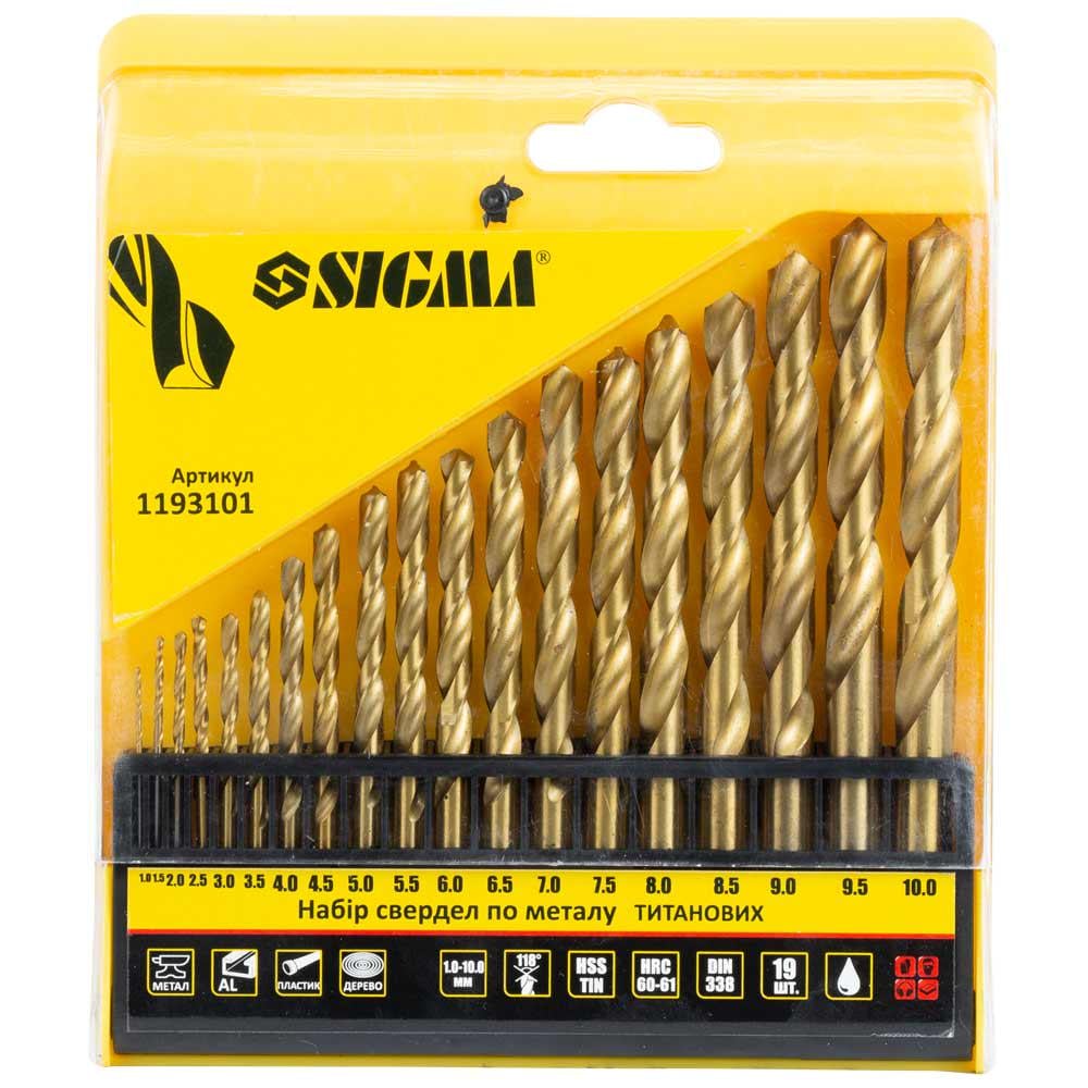 Набір свердел по металу SIGMA HSS-TIN титанових 1.0-10.0 мм 19 шт. (1193101) Набір свердел по металу SIGMA HSS-TIN титанових 1.0-10.0 мм 19 шт. (1193101)