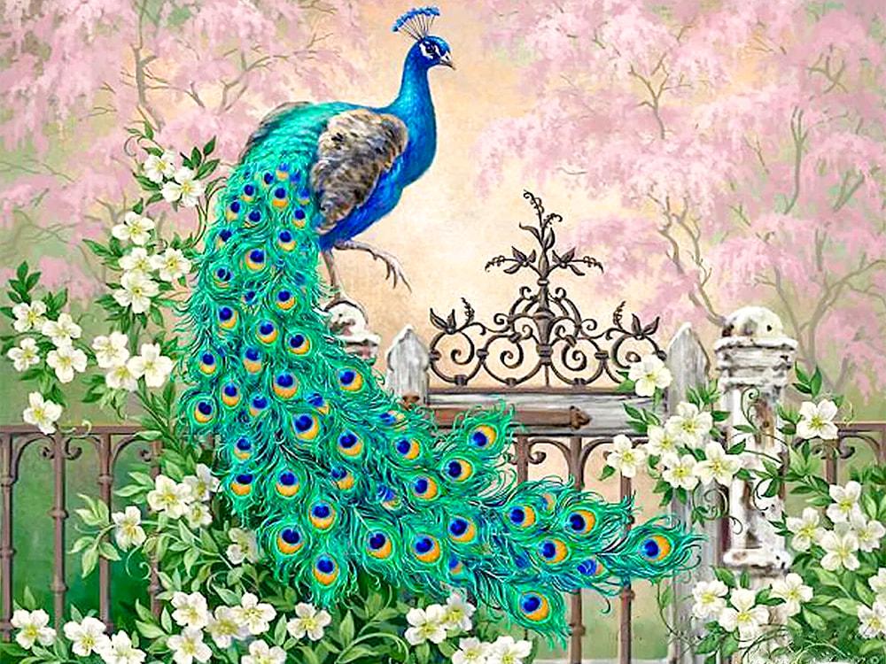 Алмазна мозаїка Павич у квітах на полотні з підрамником 30х40 см (GB72712)