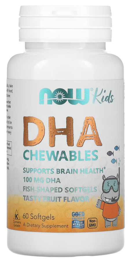 Добавка Омега 3 для детей с фруктовым вкусом NOW Foods Kids DHA Chewables фруктовый вкус 100 мг 60 жевательных капсул