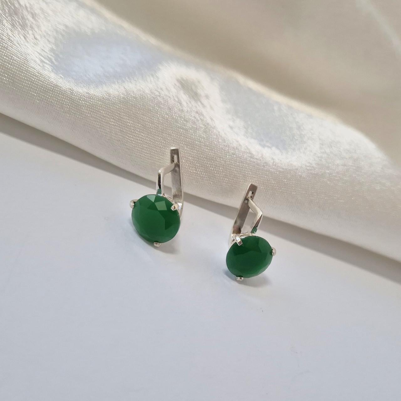 Сережки коло з великим зеленим каменем імітація хризопраз срібло 925 проби 3,40 г (2455хриз)