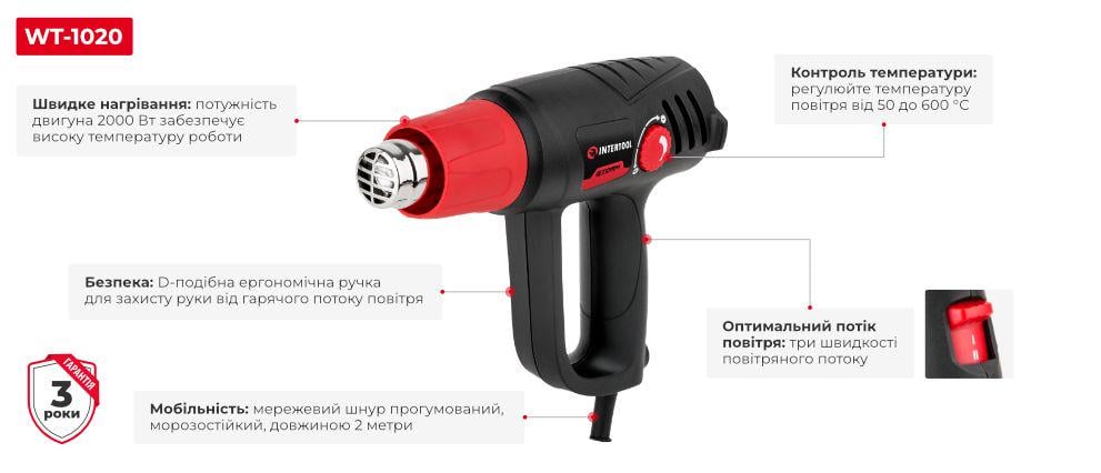 Фен технічний Intertool WT-1020 регулювання 50-600 °C 250-500 л/хв 2 режими 2000 Вт - фото 4