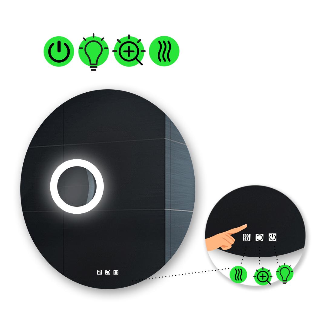 LED-зеркало 90x90 см с тремя сенсорами подогревом и линзой с подсветкой модель Adeo