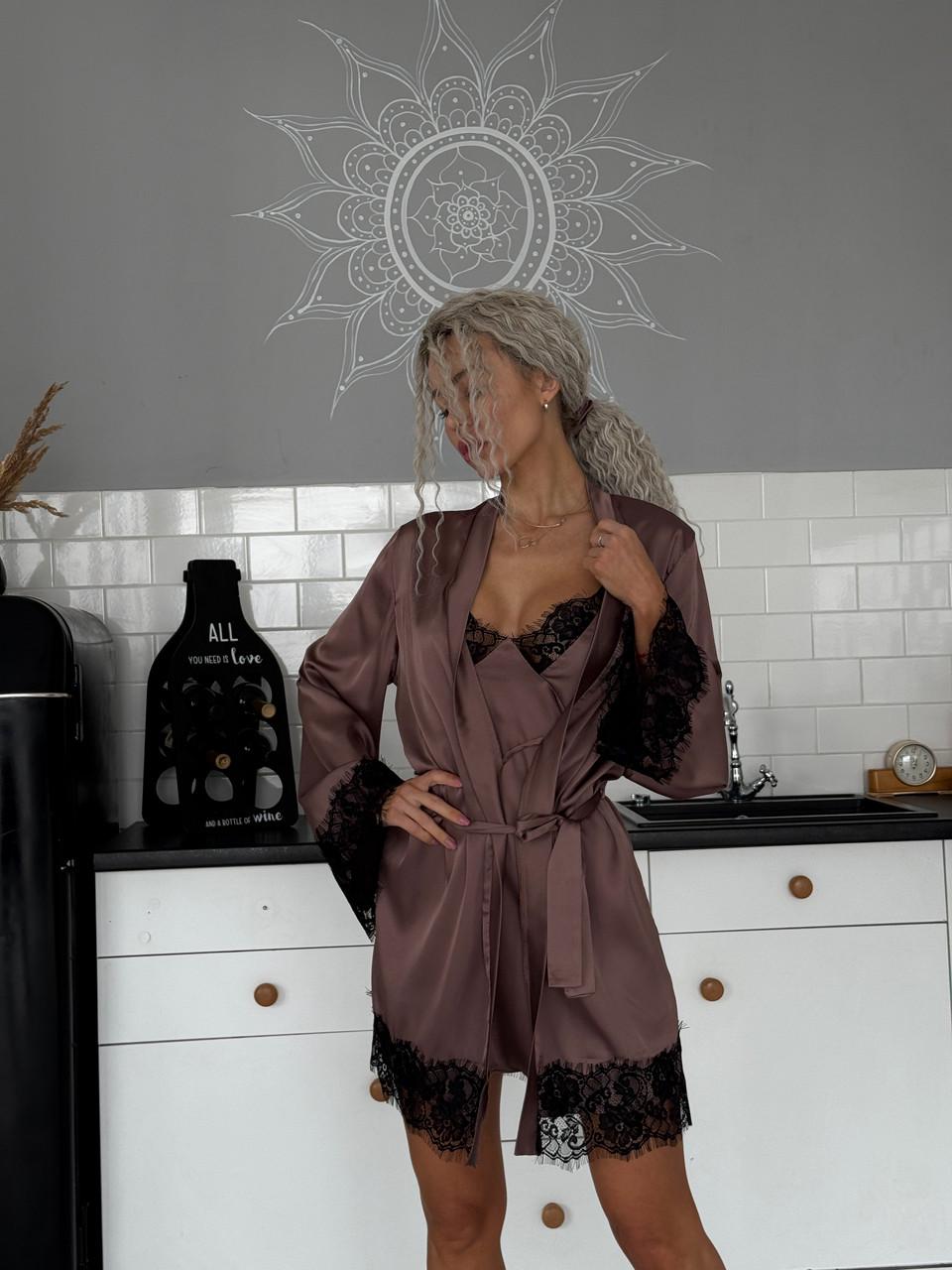 Халат женский шелковый с кружевом Шоколадный (2533884040) Халат женский шелковый с кружевом Шоколадный (2533884040)