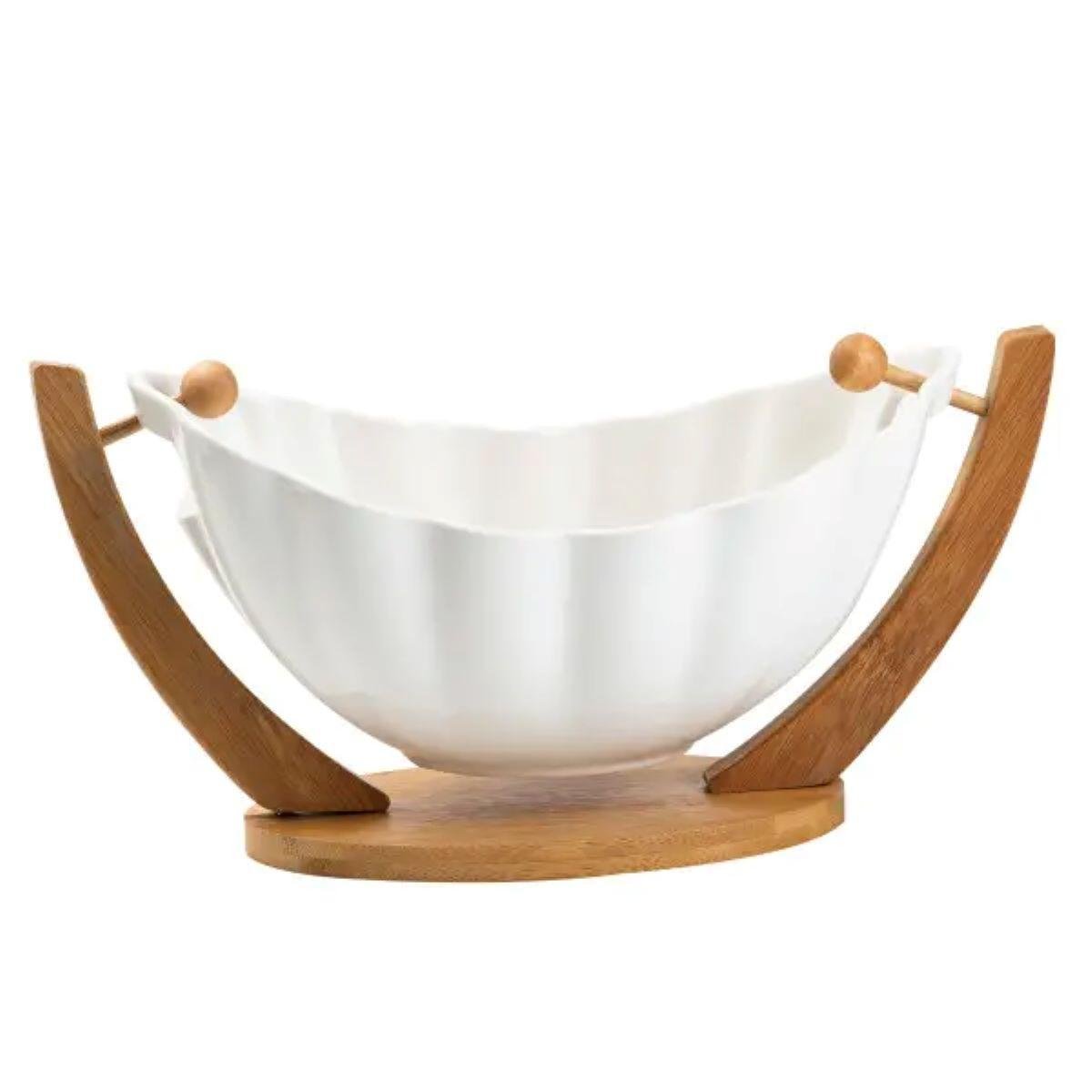 Фруктівниця керамічна HP1238 на бамбуковій підставці 33х14х16 см Білий (A-032716)