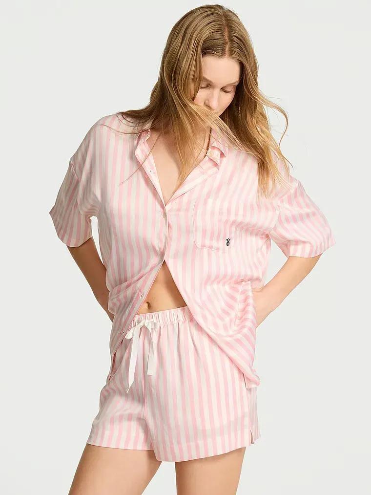 Пижама сатиновая Victoria's Secret Glazed Satin Oversized Short Pajama Set полоска M Розовый (27162343d)