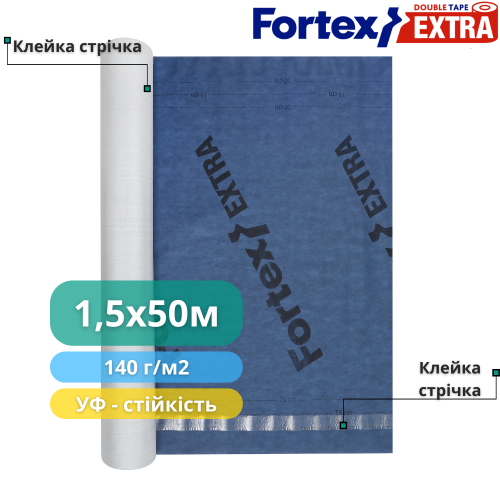 Мембрана дифузійна Fortex Extra 2 Tape 1,5x50 м 75 м2 140 г/м2 Синій/Білий (390238) - фото 3