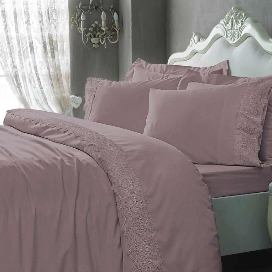 Постельное белье Tivolyo Home Elegant Делюкс сатин с гипюром Семейный Кофейный