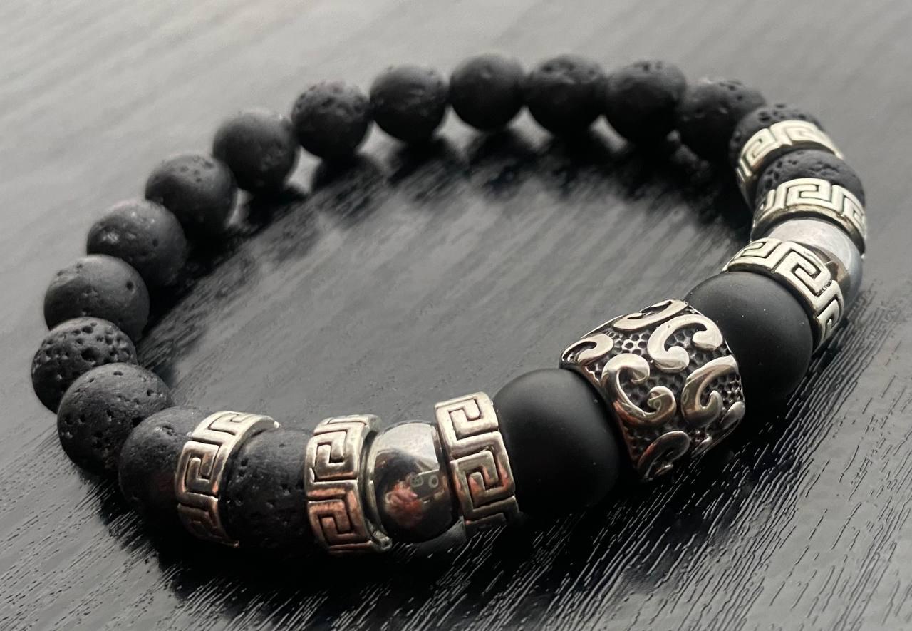 Браслет LITAURS из натурального камня гематит лавовый/оникс металлические вставки М 15-17 см (241202)