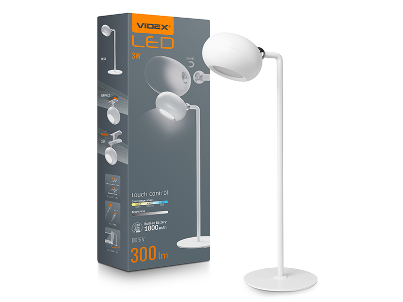 Настольная лампа аккумуляторная Videx VLE-TF18W 3W 3000-5500K Белый (7683)