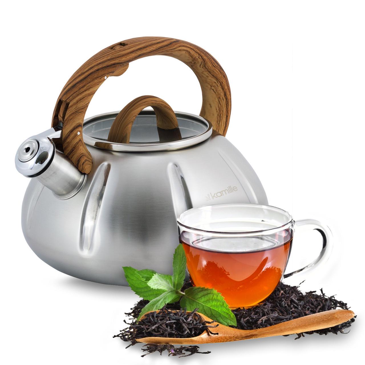 Чайник со свистком и стеклянной крышкой Kamille KM-0671 из нержавеющей стали 3 л Стальной/Коричневый (150-84-0671.2) - фото 6 Чайник со свистком и стеклянной крышкой Kamille KM-0671 из нержавеющей стали 3 л Стальной/Коричневый (150-84-0671.2) - фото 6