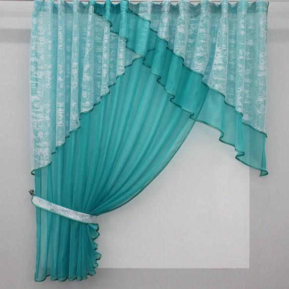 Занавеска кухонная шифон/жаккард 350х170 см Бирюзовый/Белый (105к)