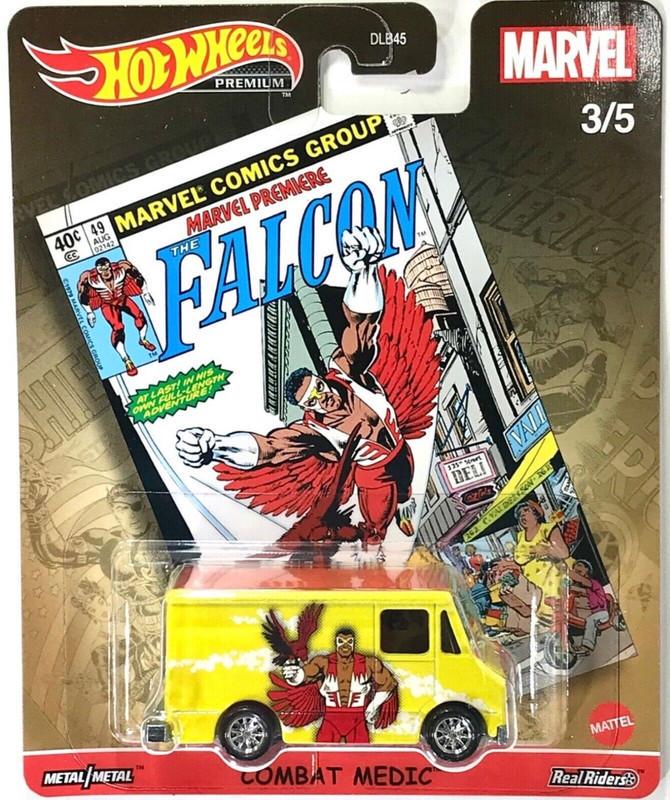 Игрушечная машинка Hot Wheels Premium Combat Medic Falcon 2021 Marvel 3/5 Pop Culture Real Riders (GRL27)
