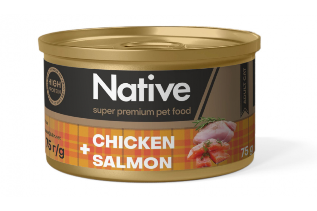 Корм для котів натуральний консервований NATIVE з куркою і лососем 75 г (2644182349)