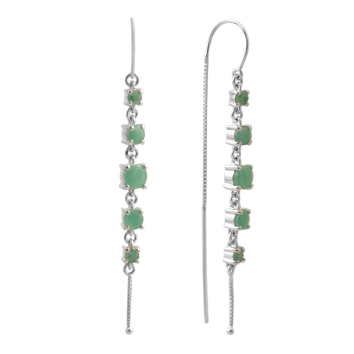 Сережки срібні протяжні з круглою формою вставок натурального смарагду