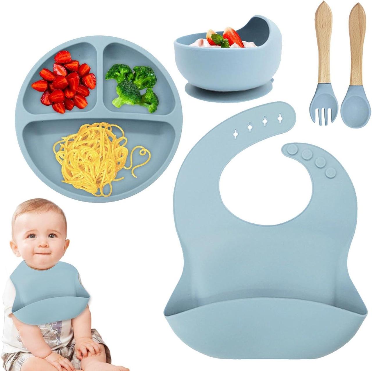 Дитячий набір посуду для годування 5в1 силіконовий Блакитний (Е051501) - фото 8 Дитячий набір посуду для годування 5в1 силіконовий Блакитний (Е051501) - фото 8
