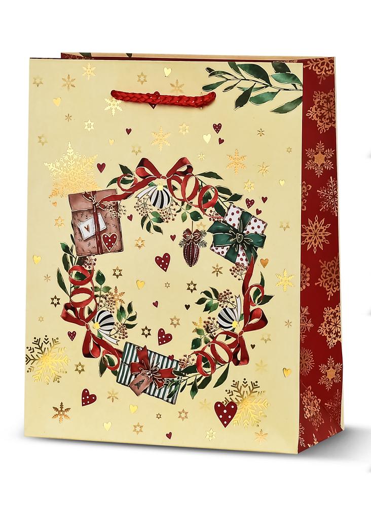 Подарочный пакет новогодний Stenson L Christmas motif бумажный 31х42х12 см Желто-красный (R33021-L)