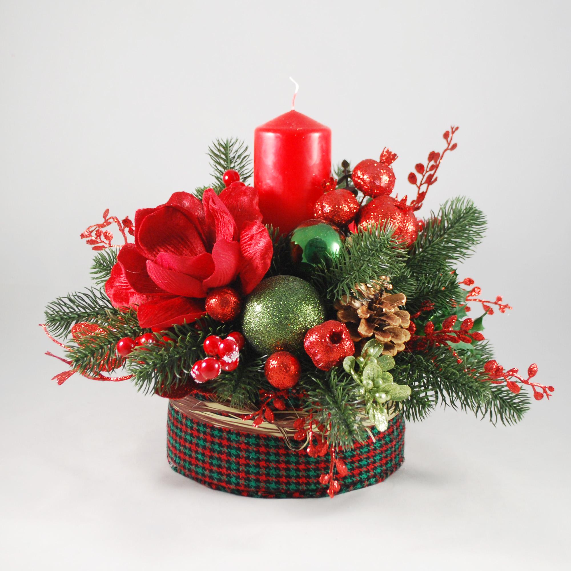 Новогодняя композиция со свечой и магнолией Красный/Зеленый (5467236)