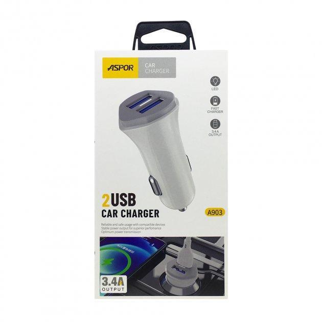 Зарядное устройство автомобильное Aspor A903 блочок 2USB 3,4A с USB-кабелем Type-C Белый (1858272772)