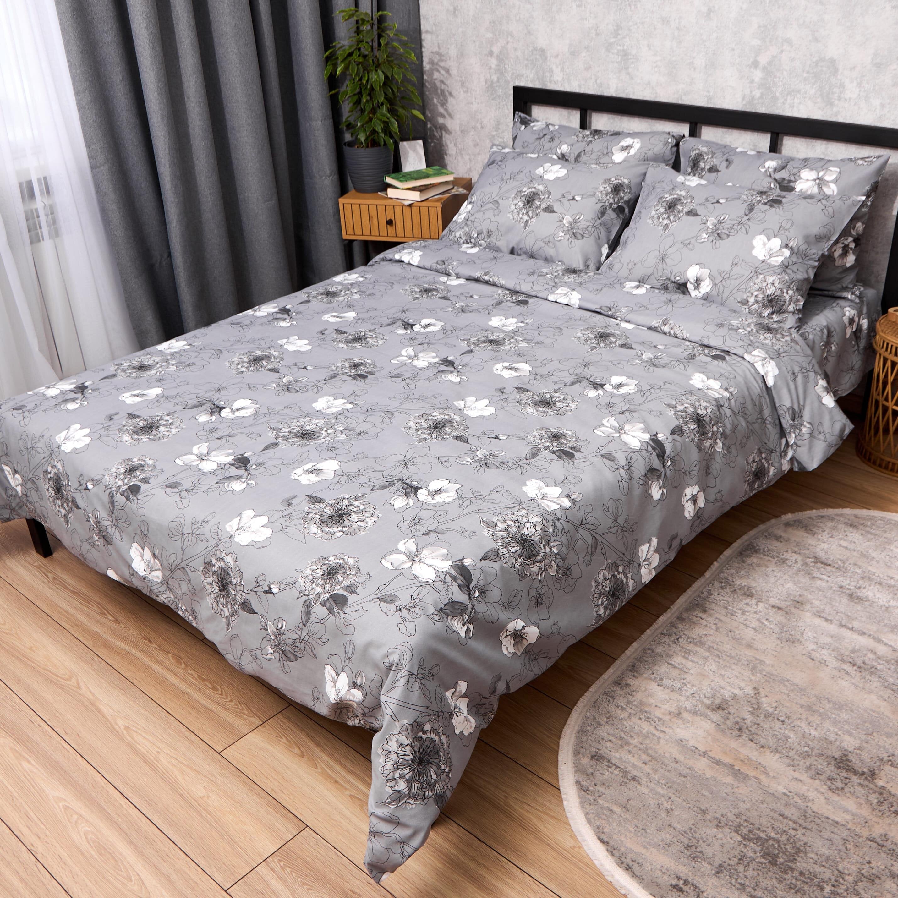Комплект постільної білизни Moon&Star Мікросатин Premium Silver Flowers полуторний євро 160х220 см наволочки 2 шт. (MS-820016297)
