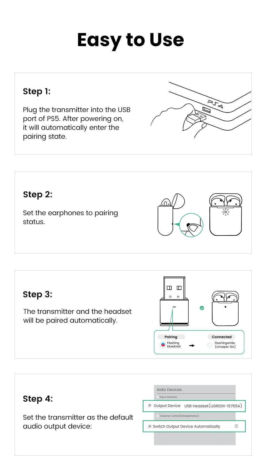 Передавач аудіо Ugreen Bluetooth 5.3 PS5 PS4 Чорний (15765) - фото 19