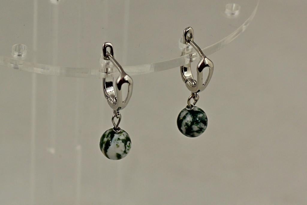 Сережки підвіски кульки агат моховий 2,8 см 8 мм Сріблястий (34068278)