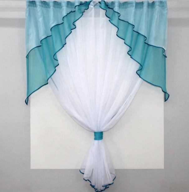 Комплект штор на кухню на кухню тюль/ламбрекен 280х170 см Лазурный/Белый (114к)