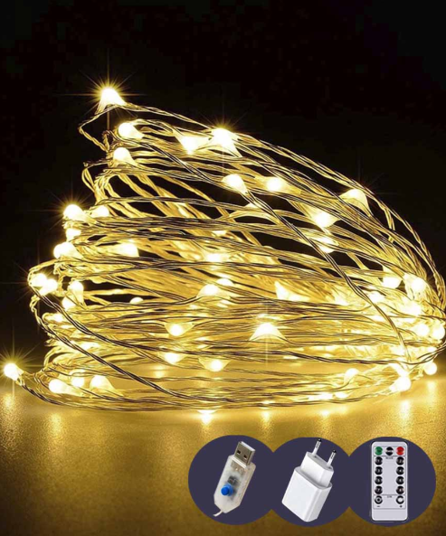 Гирлянда Роса 300 LED 30 м реле 8 режимов/USB и пульт Теплый белый (FFJ00155)