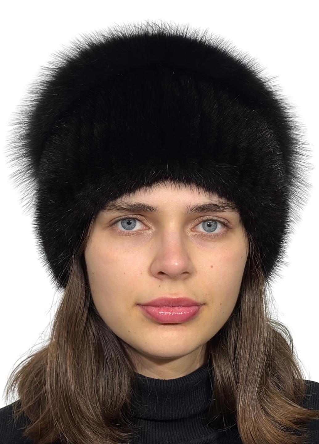 Зимняя женская шапка Меховой стиль Улитка из вязаной натуральной норки с помпоном M-L Темно-коричневый (131/F)