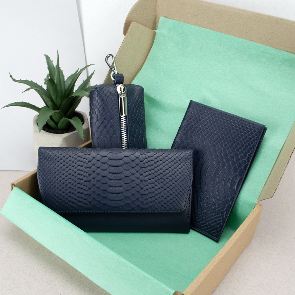 Подарунковий жіночий набір №92 гаманець Leona/обкладинка на паспорт/ключниця Синій пітон (2132513328)