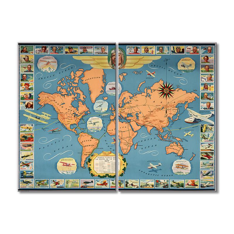 Винтажная карта Рейсы авиамаршруты мира 2 модуля 30х45 см