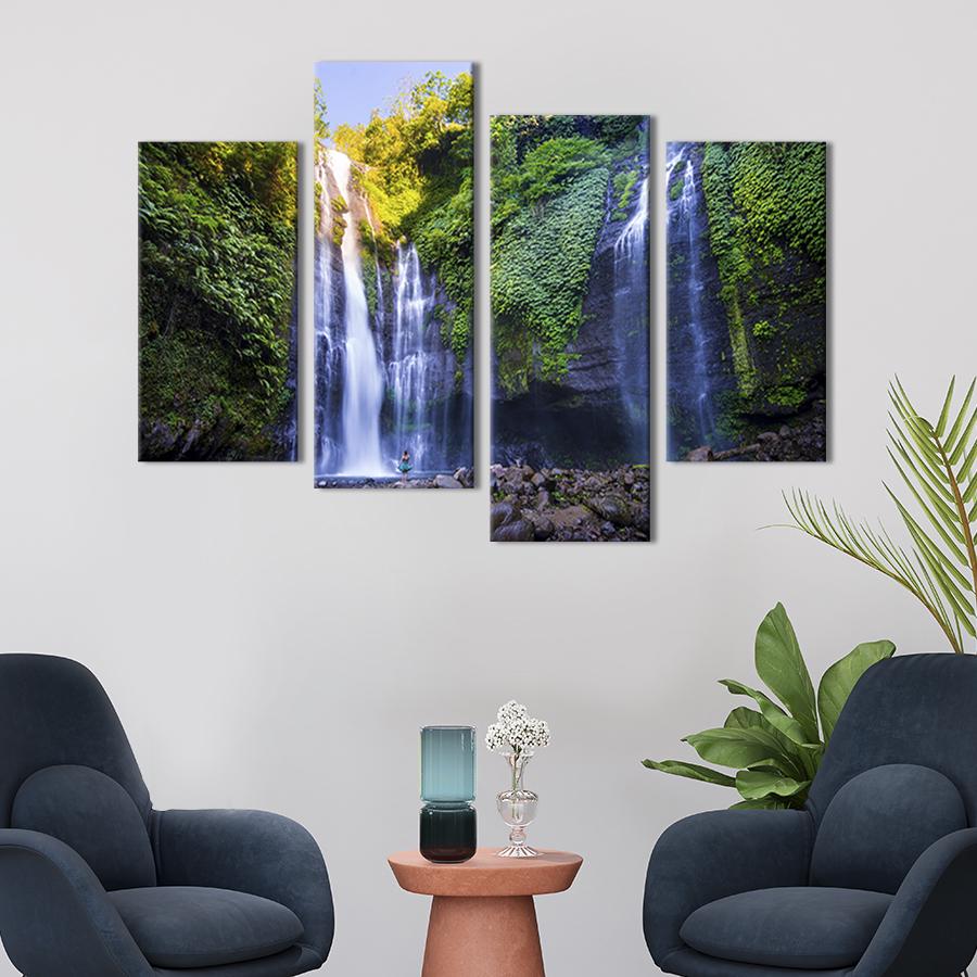 Модульная картина из четырех частей на холсте интерьерная картина Девушка у подножья водопада Секумпул 89x56 см (611-42)